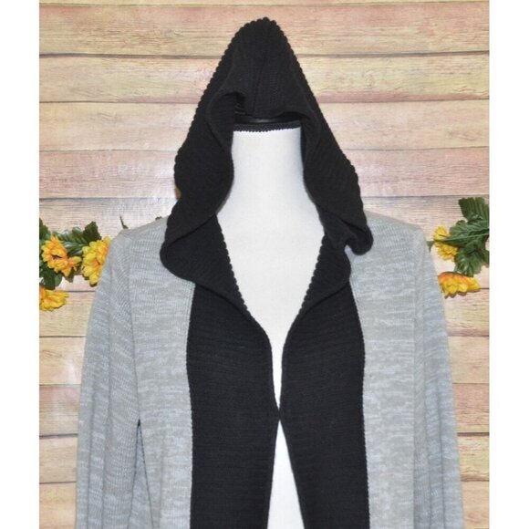 French Dressing Jeans Gray Black Color Block Hooded Long Cardigan Sweater Size L - Picture 2 of 13